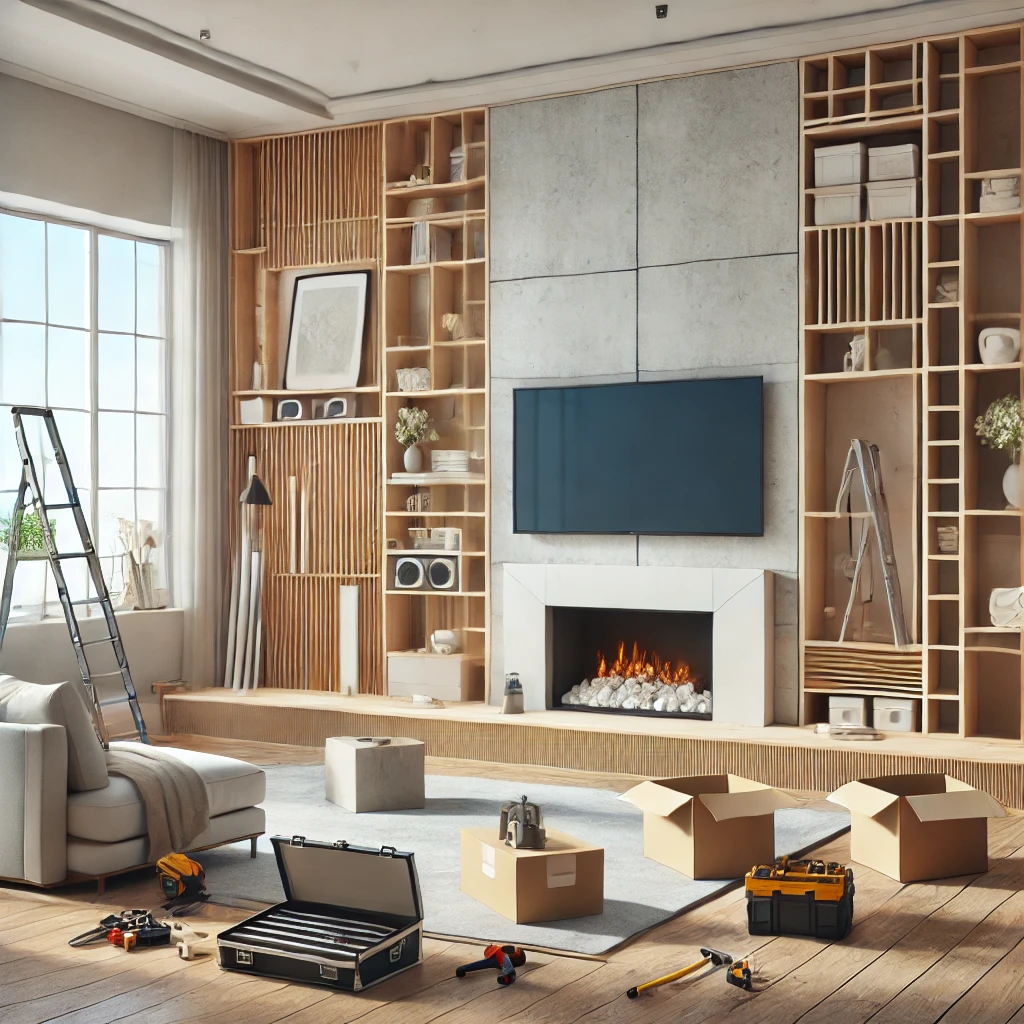 A modern living room with a partially constructed media wall, showcasing the installation process with tools and materials placed nearby.
